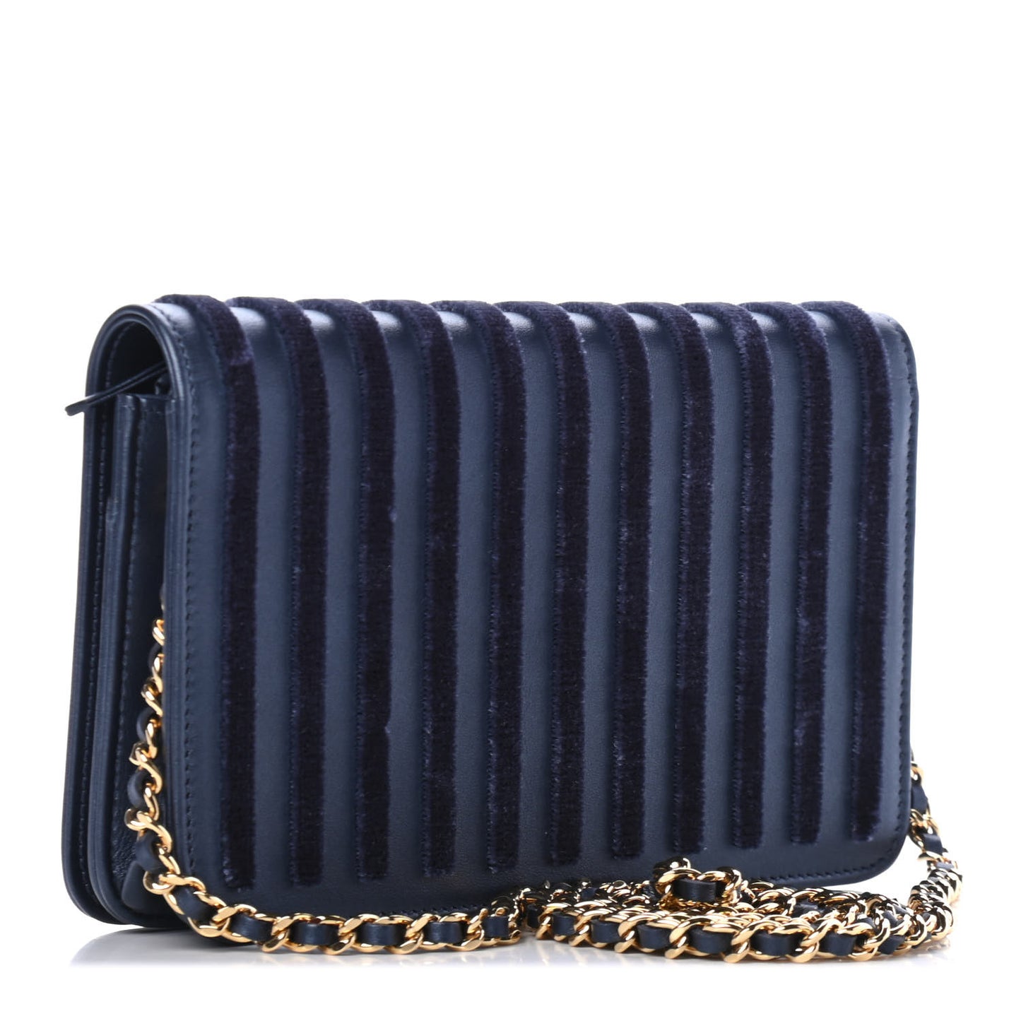 Iridescent Calfskin Velvet Stripe Wallet On Chain WOC Blue