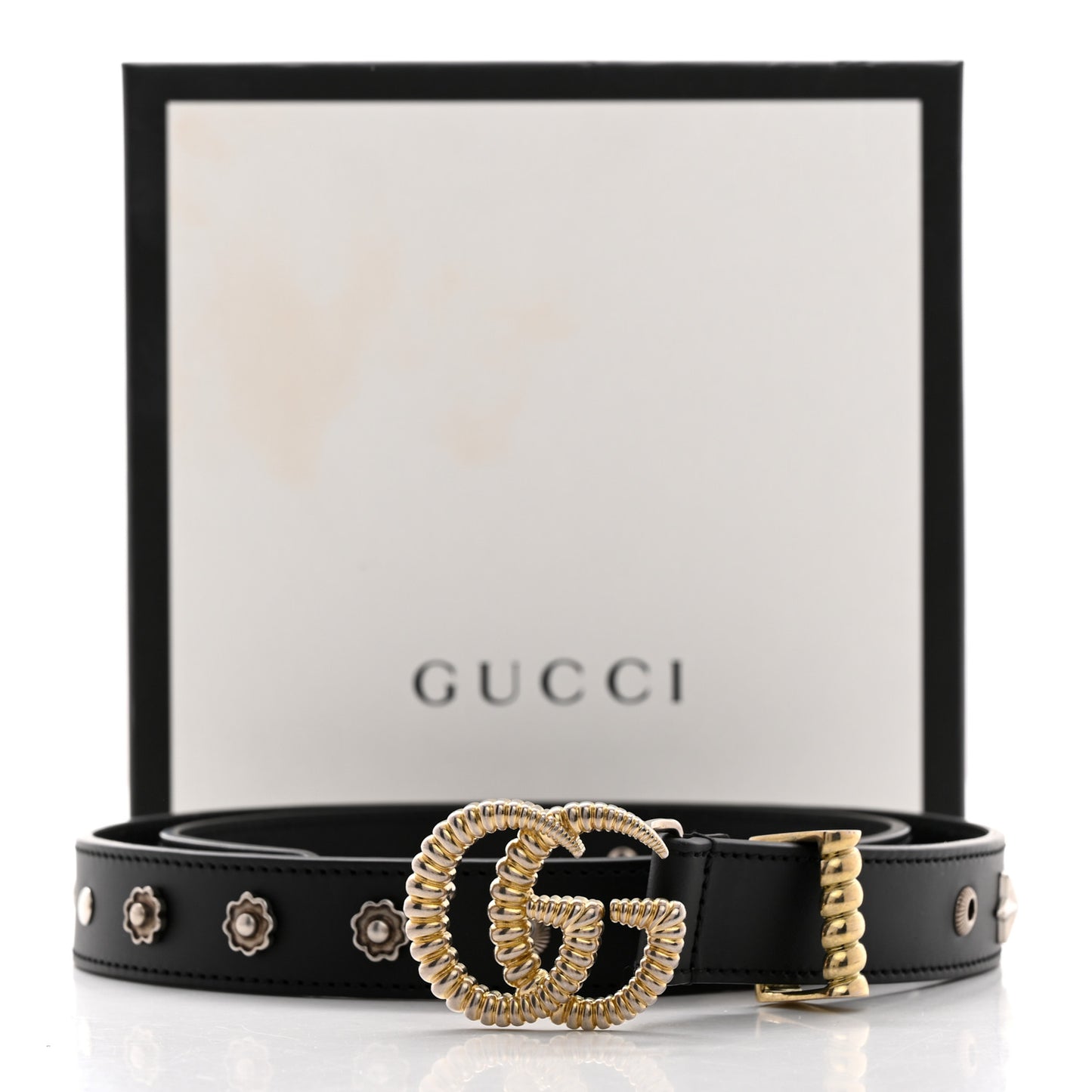 Calfskin Star Studded Torchon Double G Belt 80 32 Black