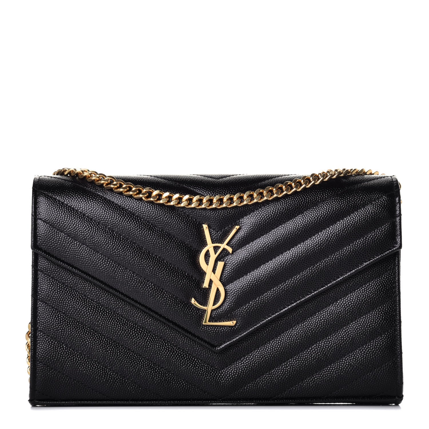 Saint Laurent Grain De Poudre Matelasse Chevron Medium Monogram Chain Wallet Black 1 of 9