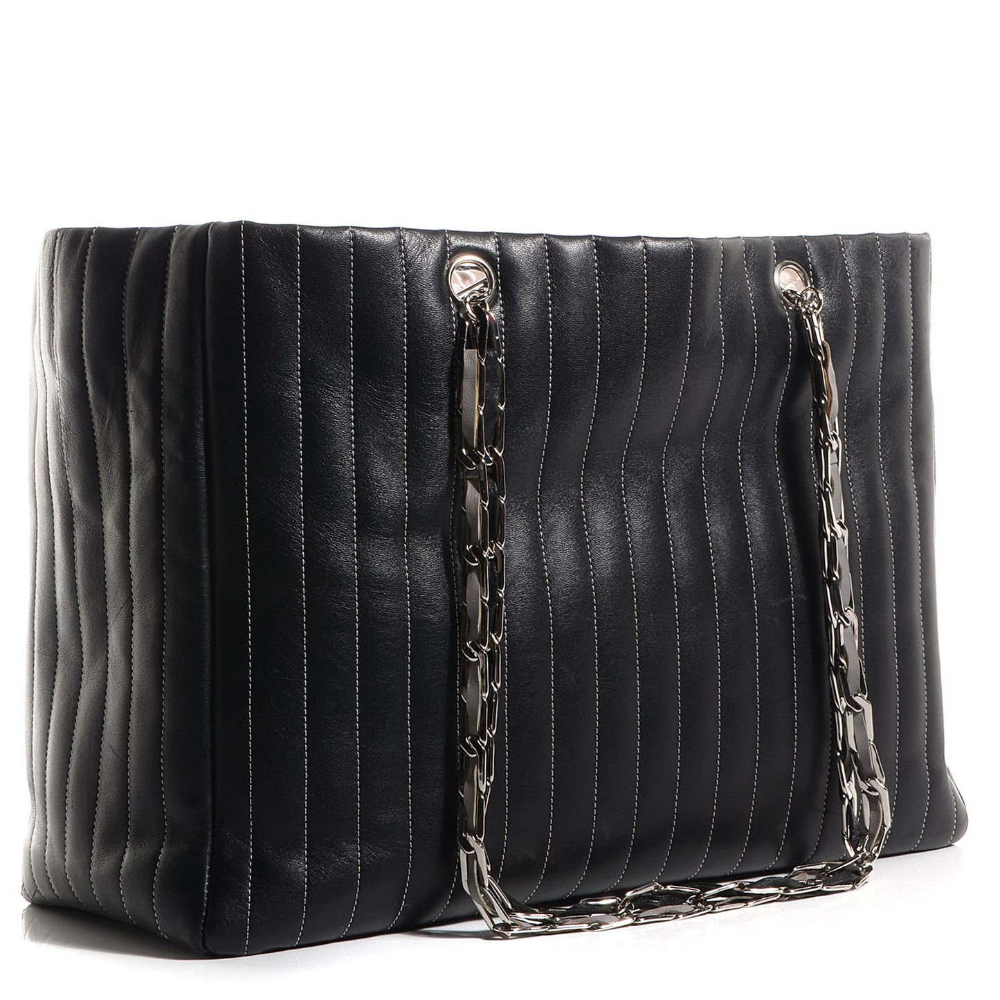 Lambskin Vertical Quilted Large Mademoiselle Tote Black