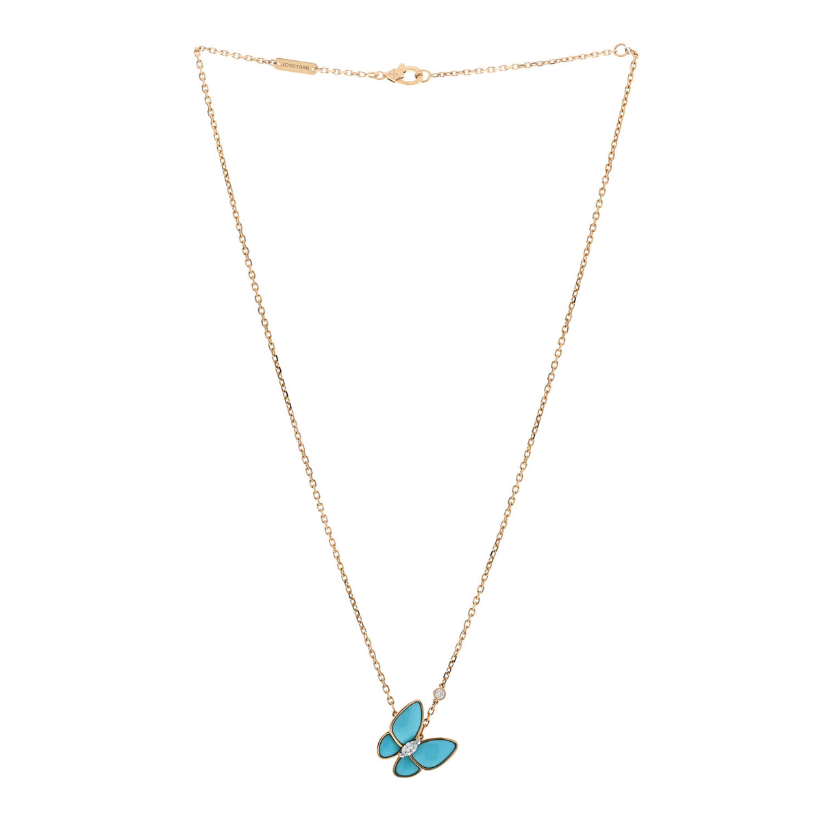 18K Yellow Gold Diamond Turquoise Two Butterfly Pendant Necklace