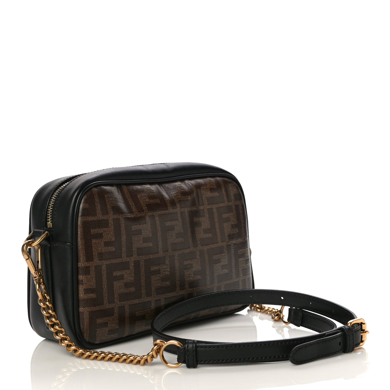 Fendi Glazed Fabric Vitello Century FF 1974 Stamp Patch Camera Case Mogano Panna Black 3 of 10