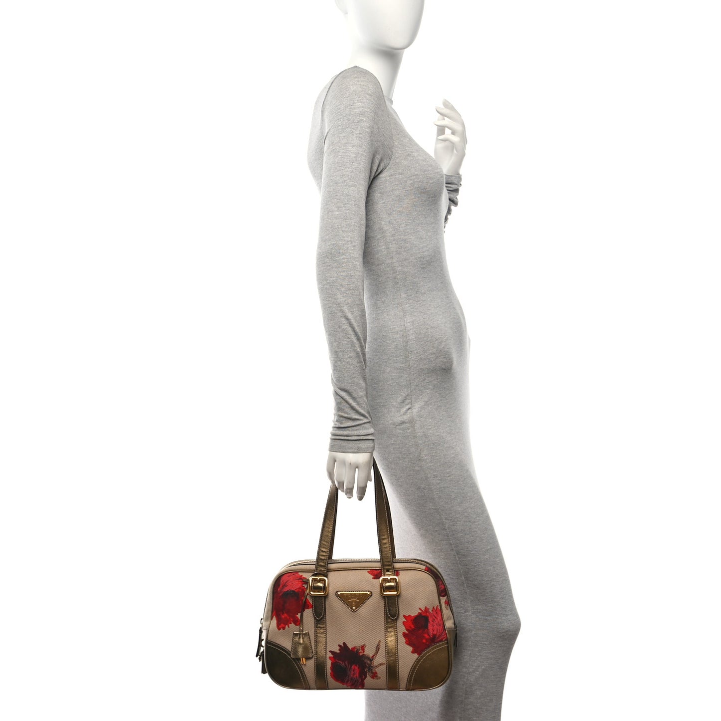 Metallic Saffiano Canvas Rose Print Top Handle Bag Corda Rosso