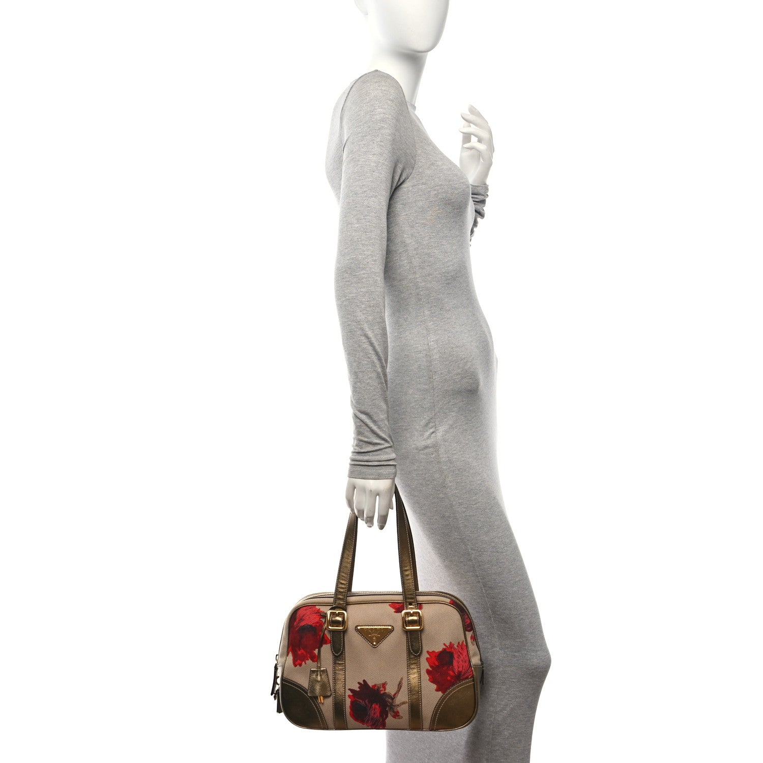 Prada Metallic Saffiano Canvas Rose Print Top Handle Bag Corda Rosso 2 of 11