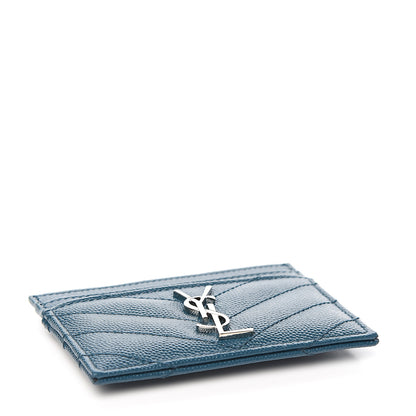 Saint Laurent Grain De Poudre Matelasse Chevron Monogram Credit Card Case Peacock Green 3 of 7