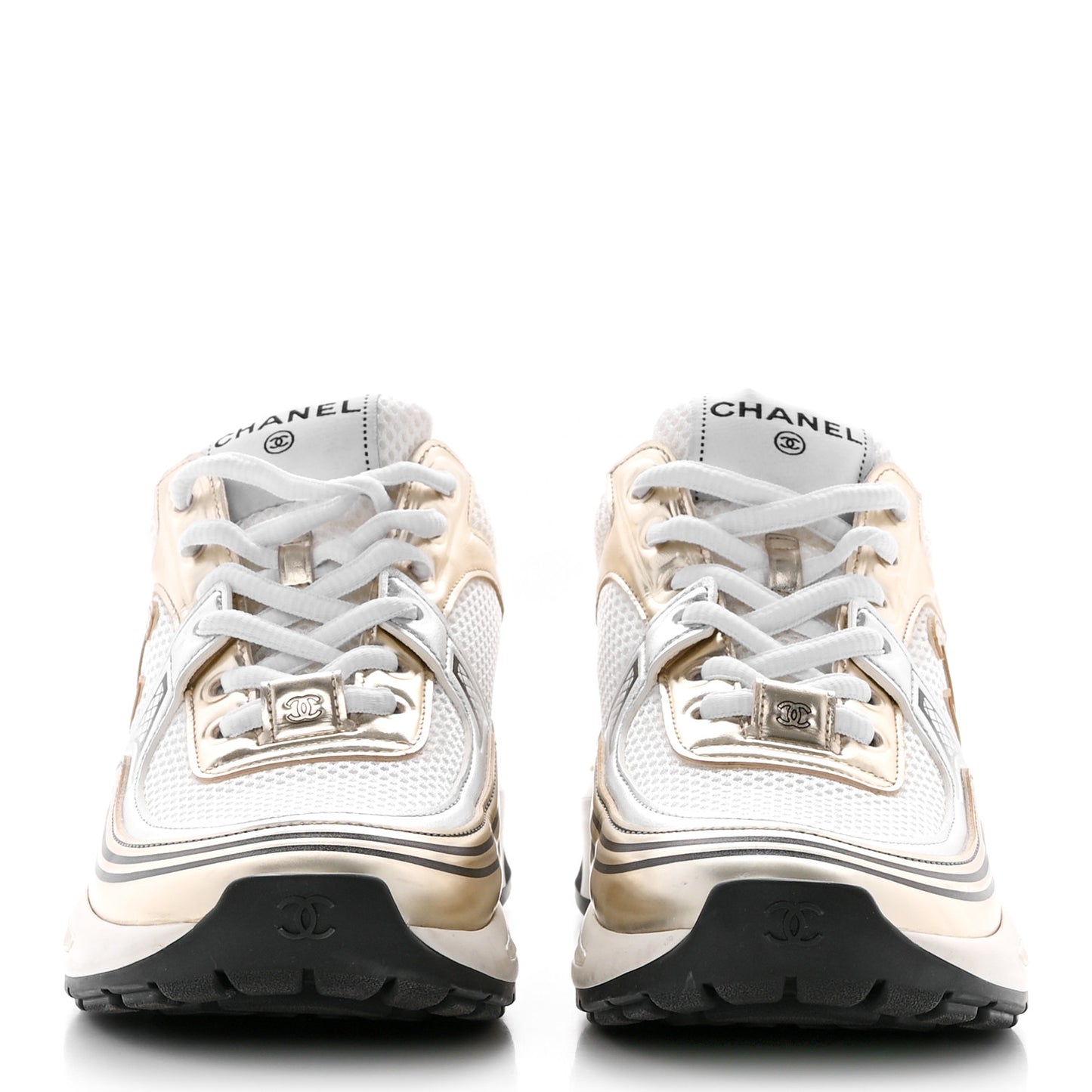 Fabric Laminated Calfskin Stretch CC Sneakers 36.5 White Gold Silver