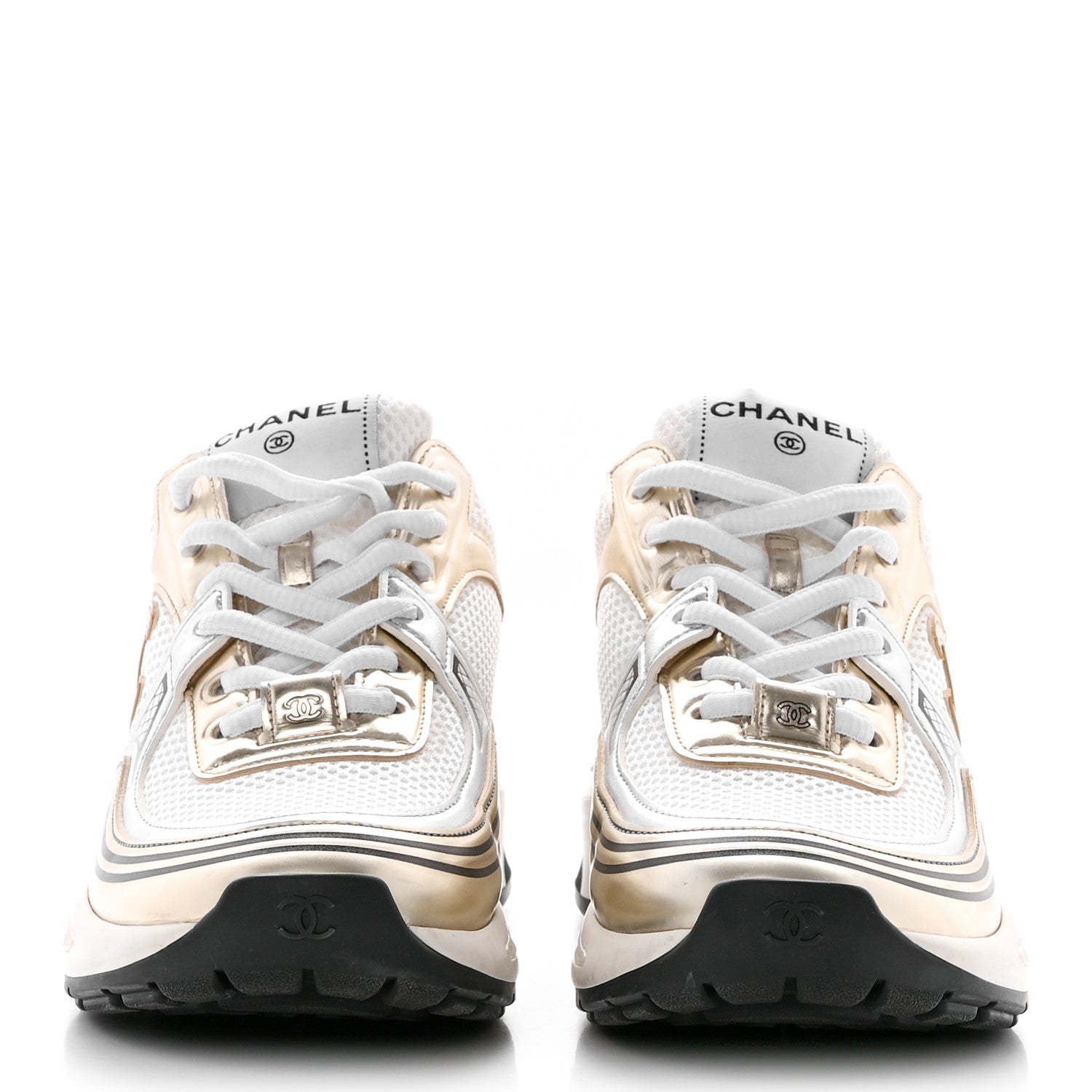 Chanel Fabric Laminated Calfskin Stretch CC Sneakers 36.5 White Gold Silver 2 of 16