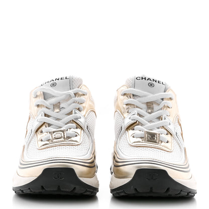 Chanel Fabric Laminated Calfskin Stretch CC Sneakers 36.5 White Gold Silver 2 of 16