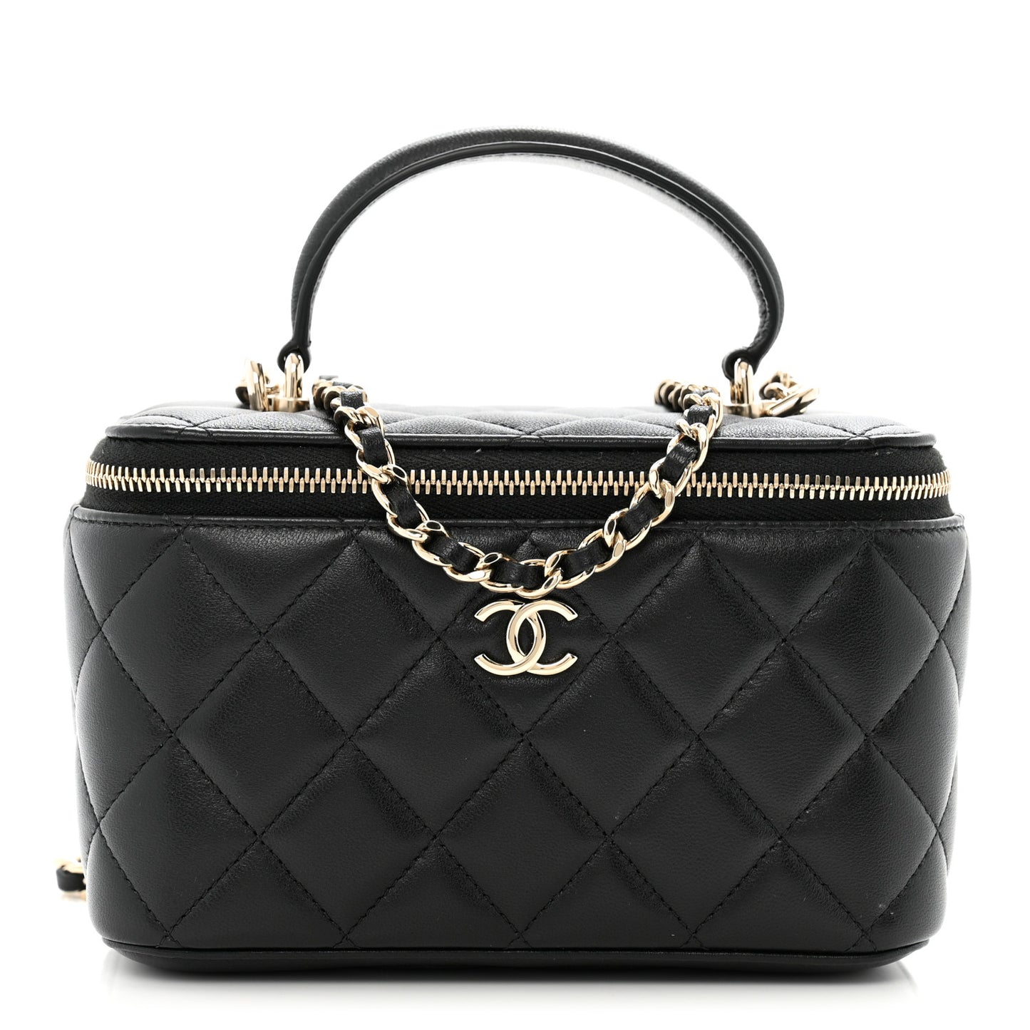 Lambskin Quilted Small Top Handle Vanity Case With Chain Black