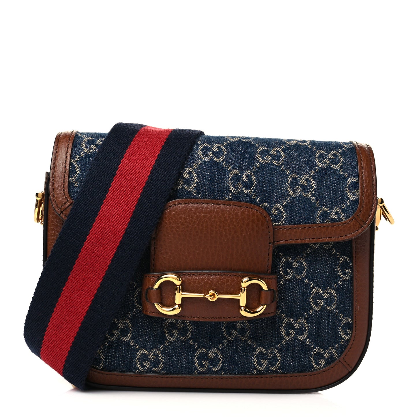 New Denim GG Monogram Dollar Calfskin Web Mini Horsebit 1955 Shoulder Bag Blue Tea Cuir Epilog