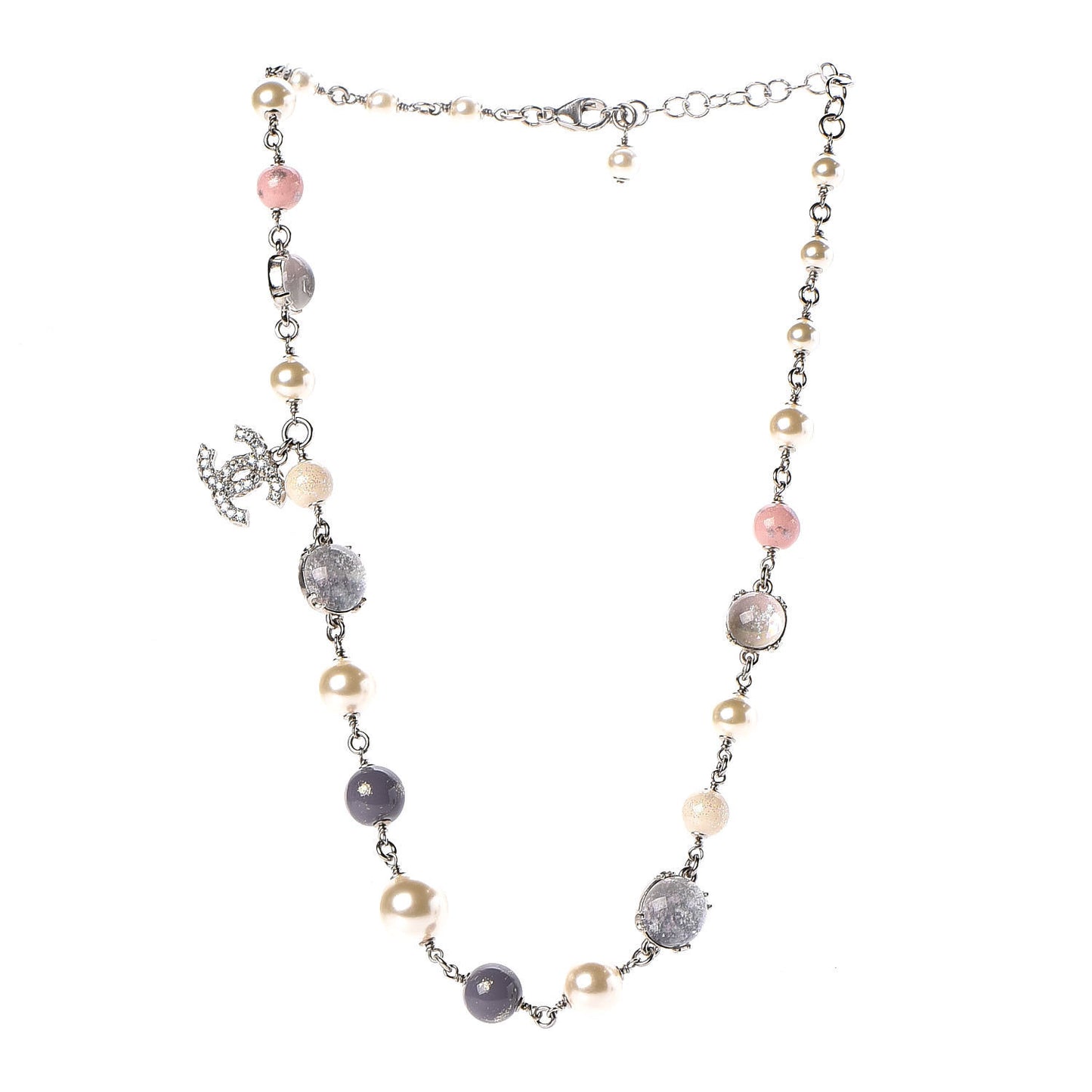 Pearl Bead Crystal CC Short Necklace Pink Grey Silver