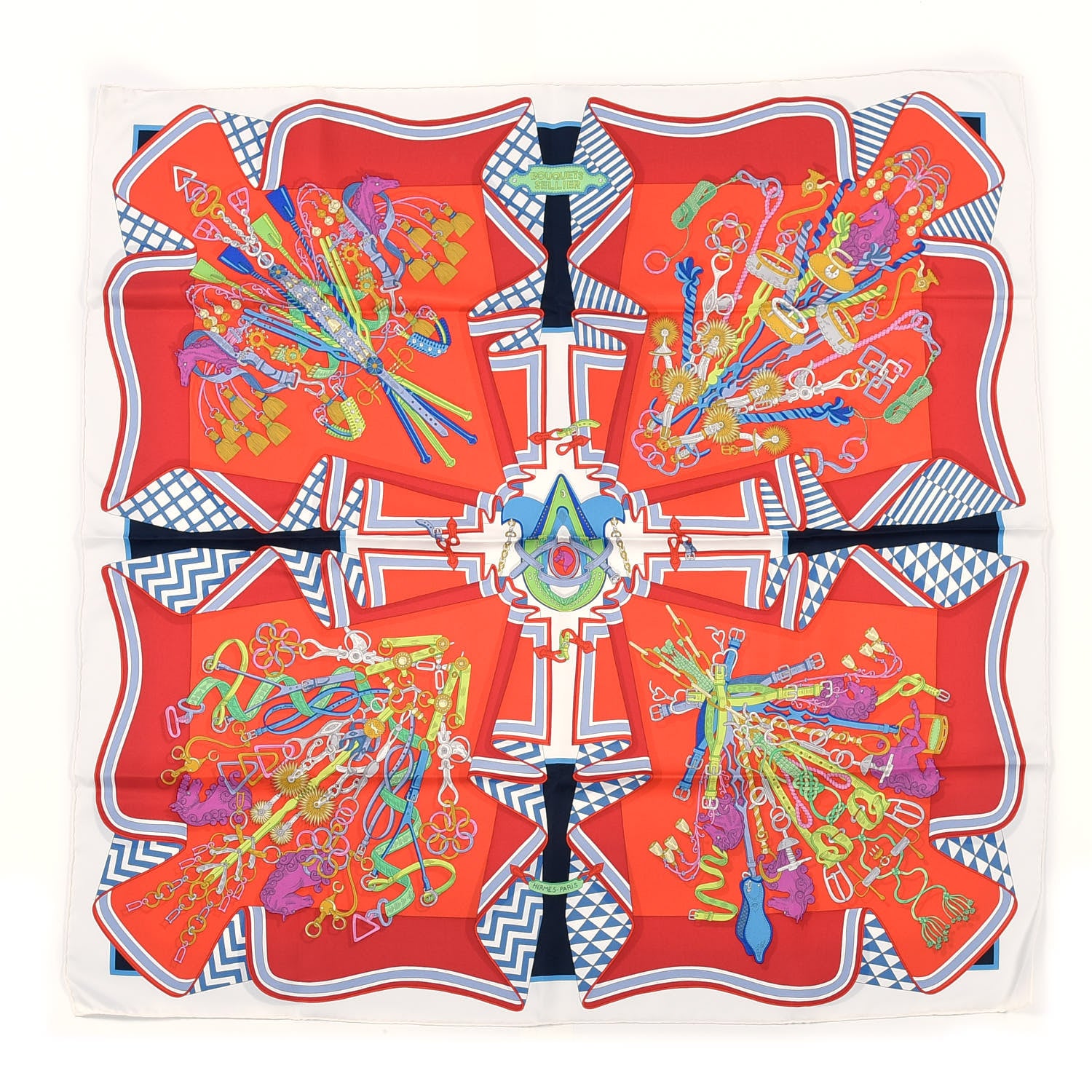 Hermes Silk Bouquets Sellier Scarf 90 White Rouge Bleu 1 of 7