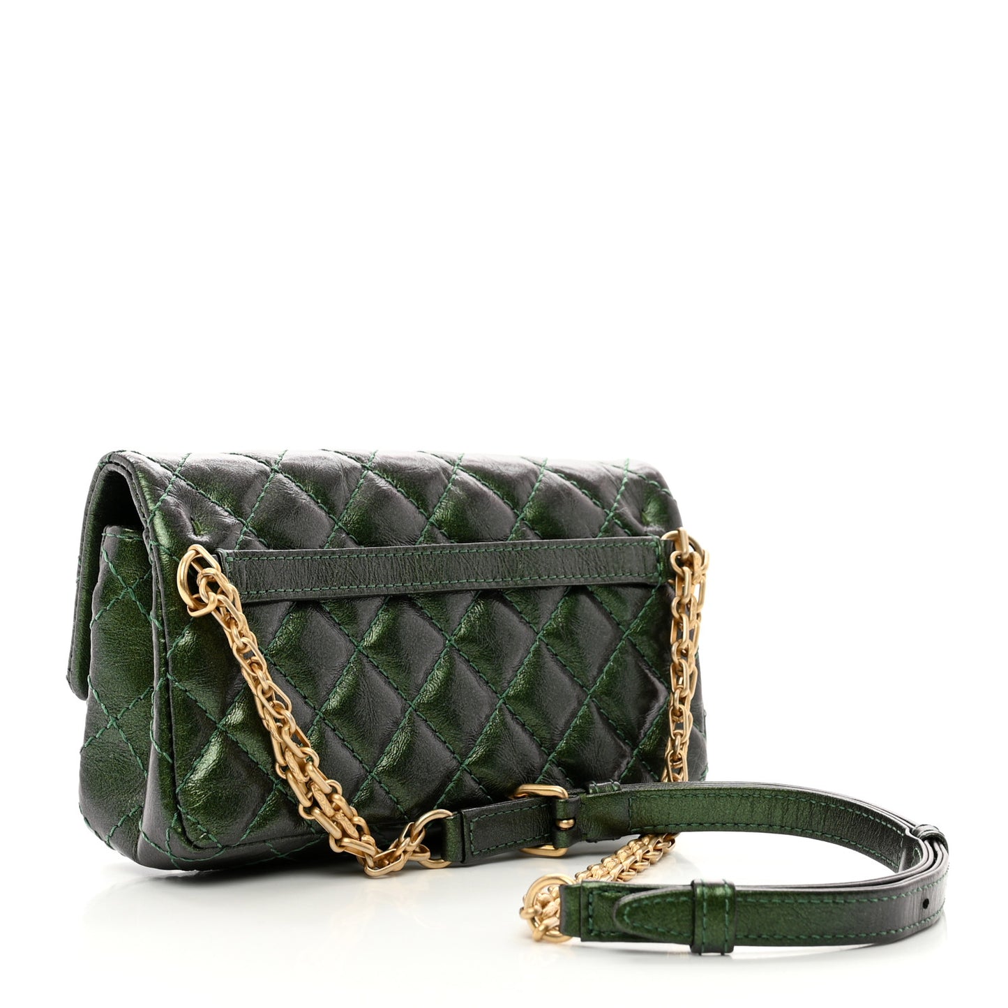 Metallic Aged Calfskin Quilted 2.55 Reissue Flap Belt Bag Clutch Green