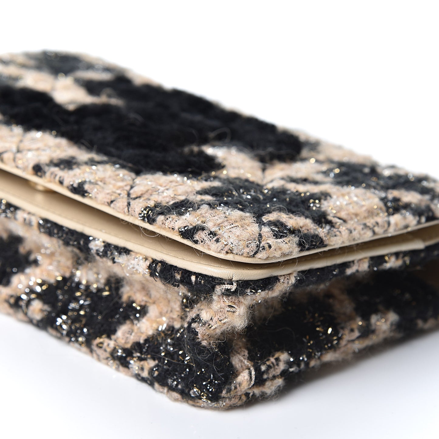 Tweed Shearling Quilted Wallet On Chain WOC and Coin Purse Beige Black