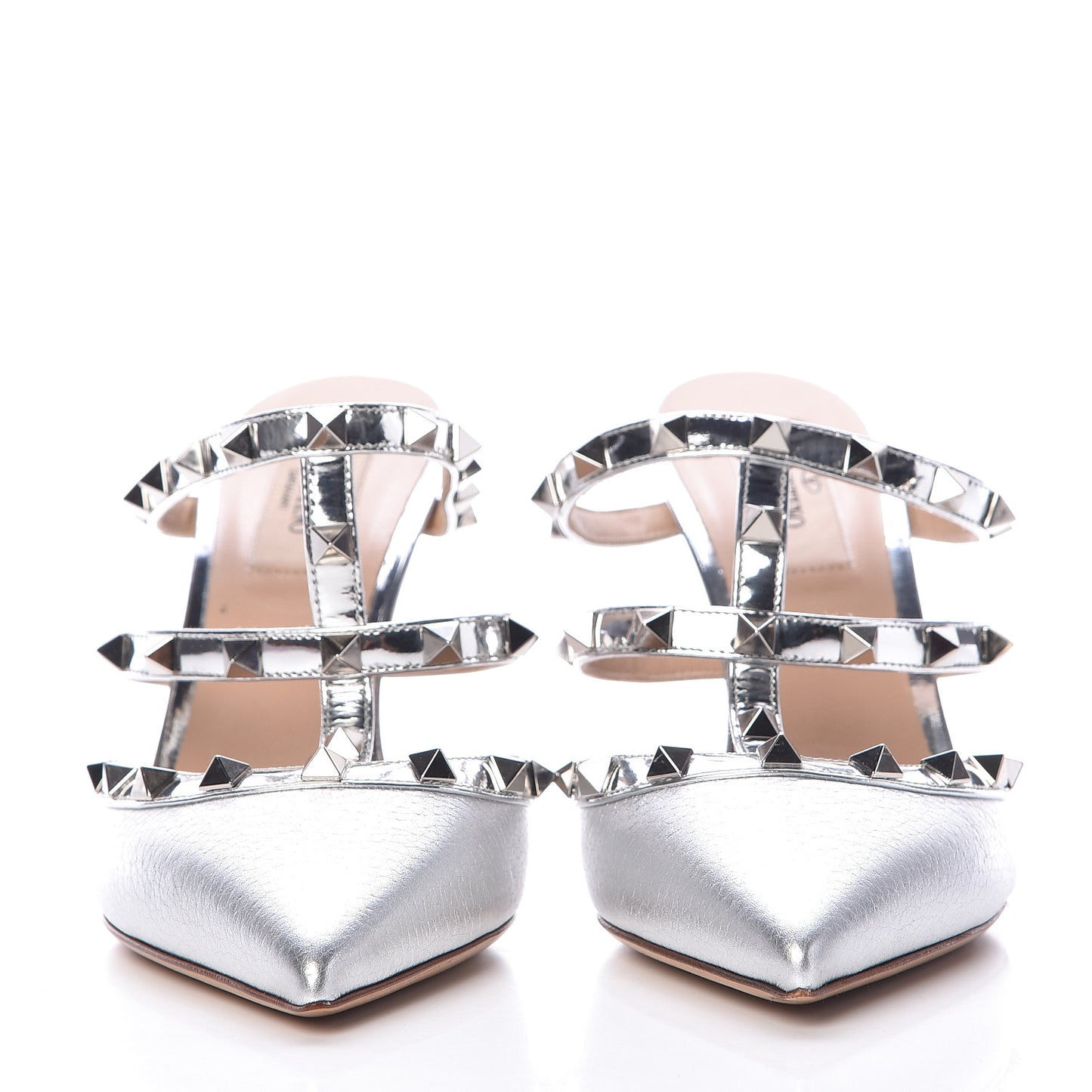 Metallic Pebbled Calfskin Rockstud 90mm Cage Mules 37.5 Silver