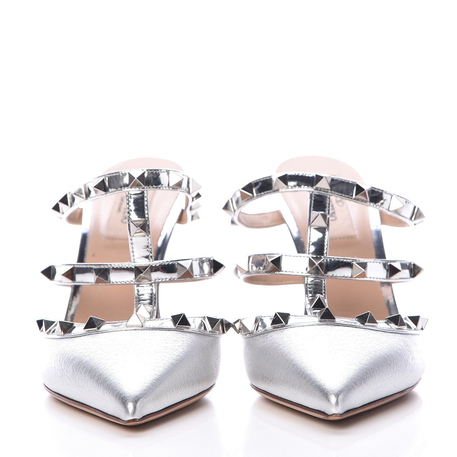 Valentino Garavani Metallic Pebbled Calfskin Rockstud 90mm Cage Mules 37.5 Silver 2 of 11