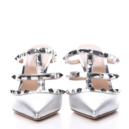 Valentino Garavani Metallic Pebbled Calfskin Rockstud 90mm Cage Mules 37.5 Silver 2 of 11