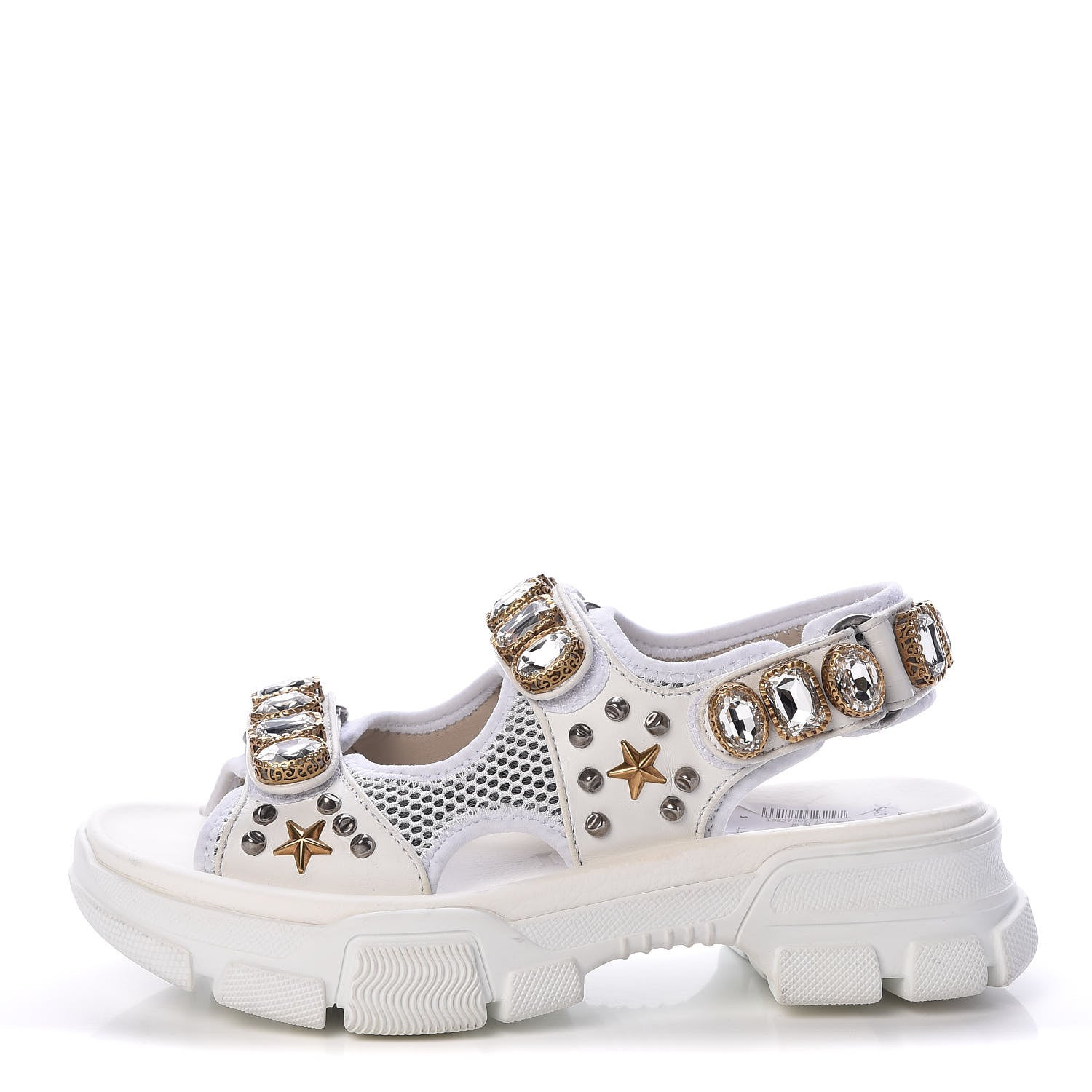 Gucci Nappa Mesh Crystal Embellished Studded Womens Aguru Sandals 37 Great White 1 of 8