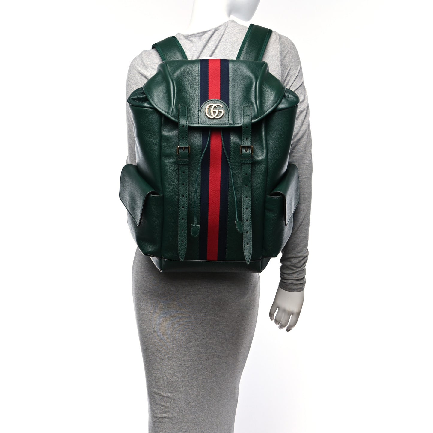 Grained Calfskin Medium Ophidia Double Buckle Backpack Green