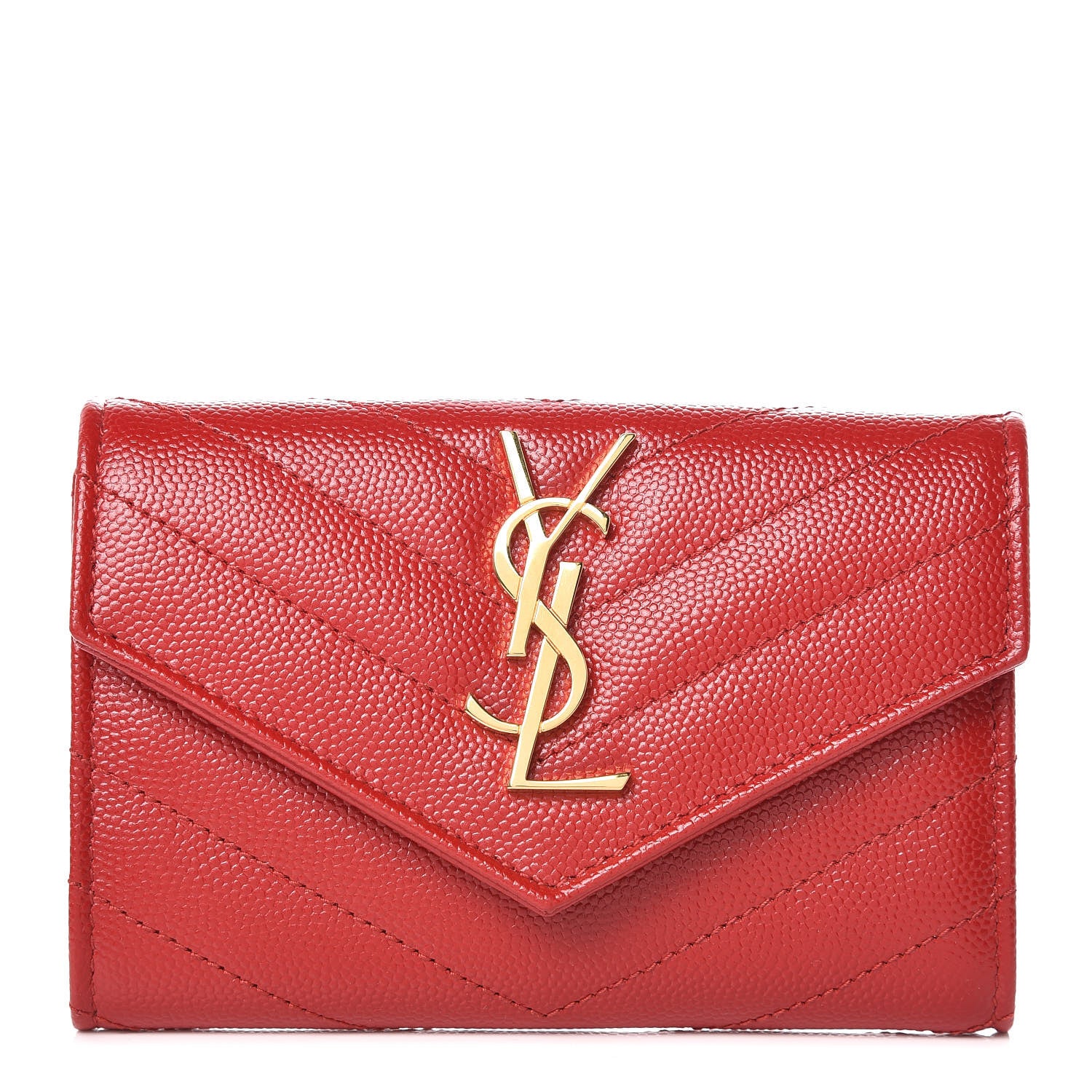 Saint Laurent Grain De Poudre Matelasse Chevron Small Monogram Envelope Wallet Rouge Eros 1 of 6