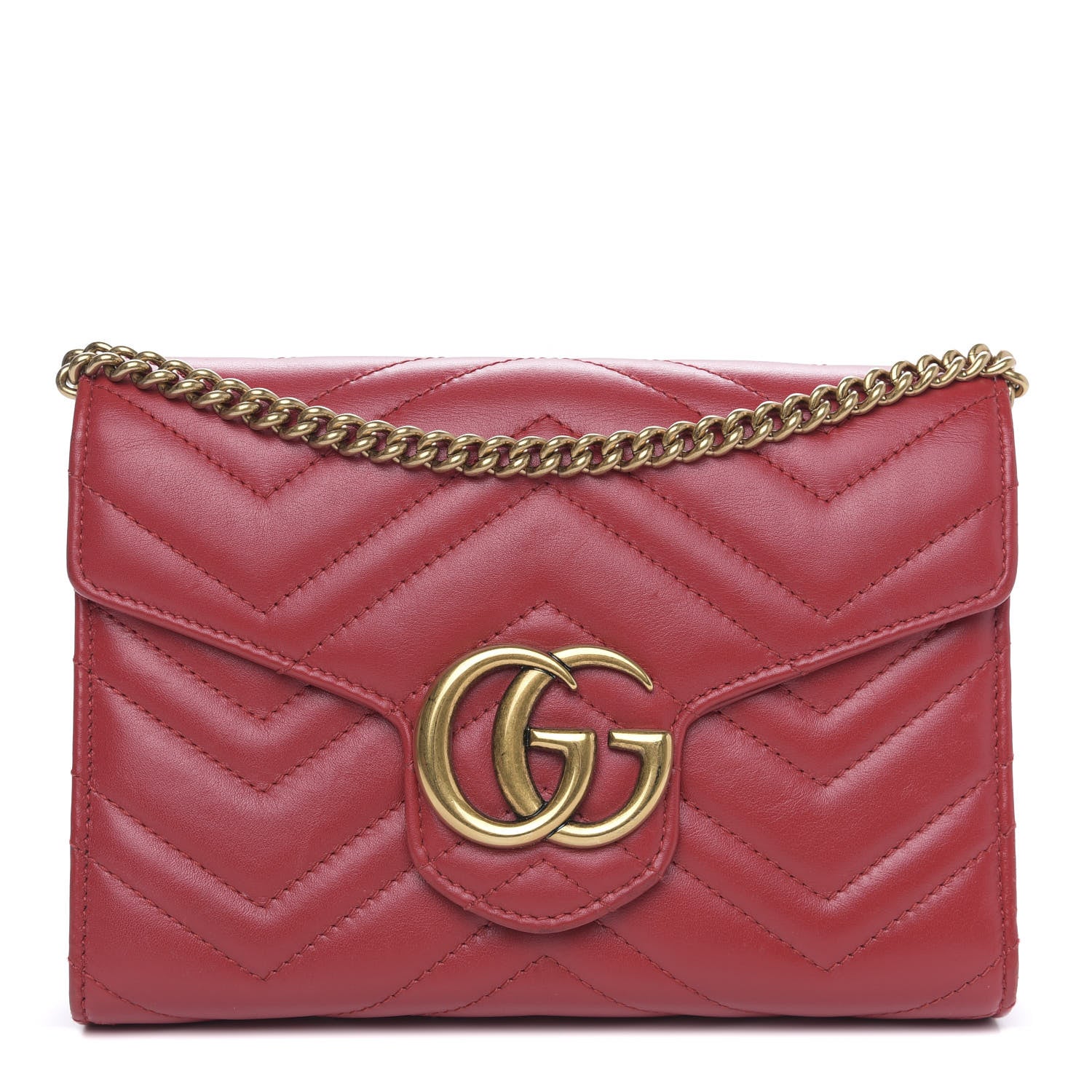Gucci Calfskin Matelasse GG Marmont Chain Wallet Hibiscus Red 1 of 13