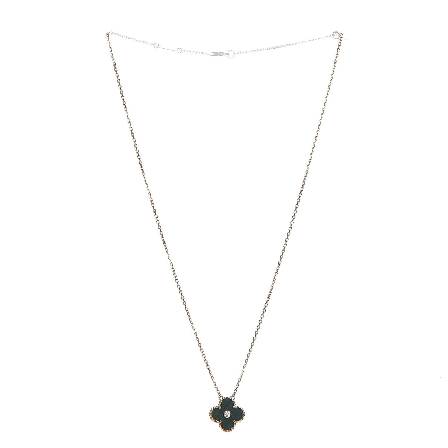 18K Yellow Gold Diamond Malachite Vintage Alhambra Pendant Necklace