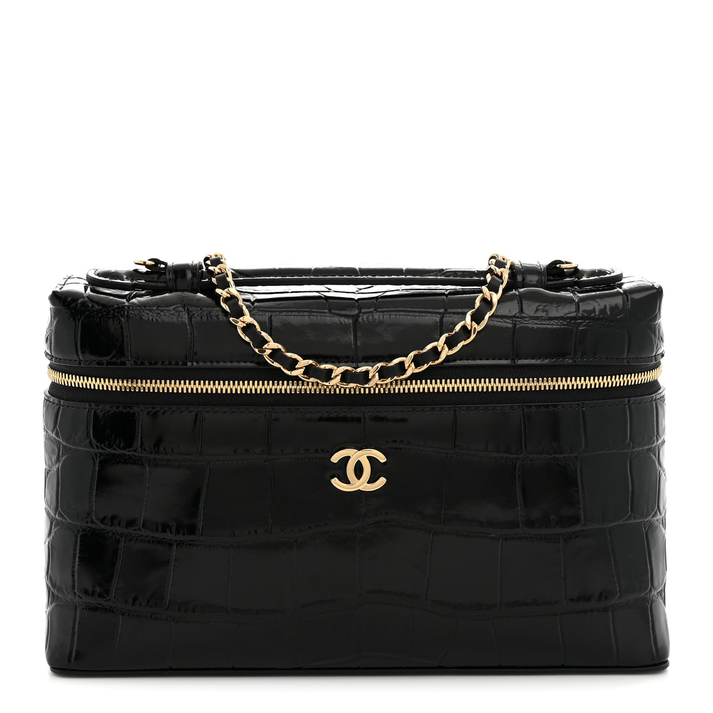 Calfskin Crocodile Embossed Slim Vanity Case With Chain  Black