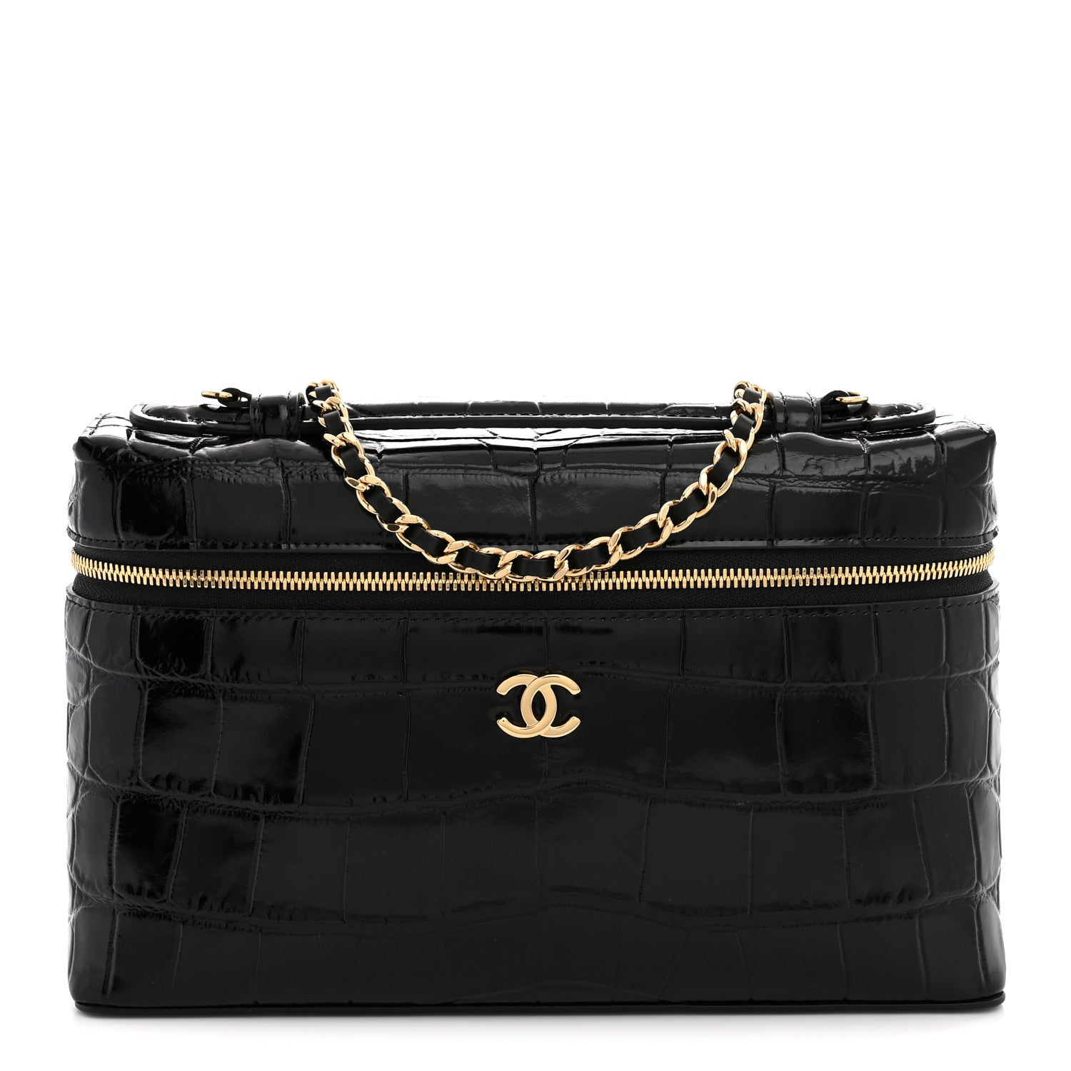 Chanel Calfskin Crocodile Embossed Slim Vanity Case With Chain  Black 1 of 9