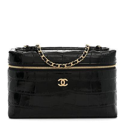 Chanel Calfskin Crocodile Embossed Slim Vanity Case With Chain  Black 1 of 9