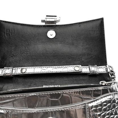 Balenciaga Metallic Calfskin Crocodile Embossed Hourglass Chain Bag Silver 11 of 13