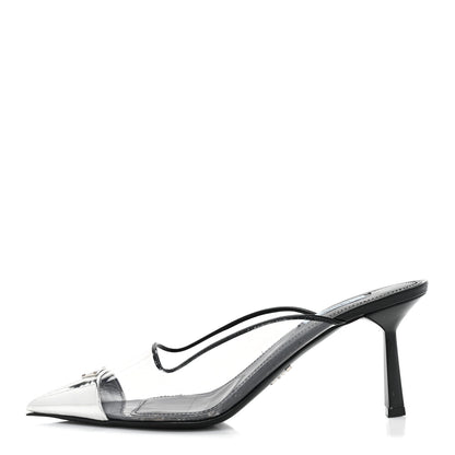 Prada Plexiglass Vernice Metal Triangle Logo Modellerie 75mm Mules 38 Black 1 of 9