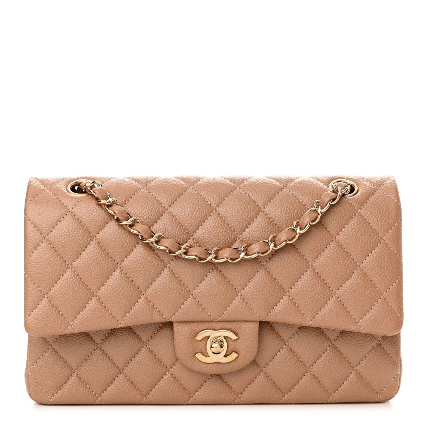 Iridescent Caviar Quilted Medium Double Flap Beige