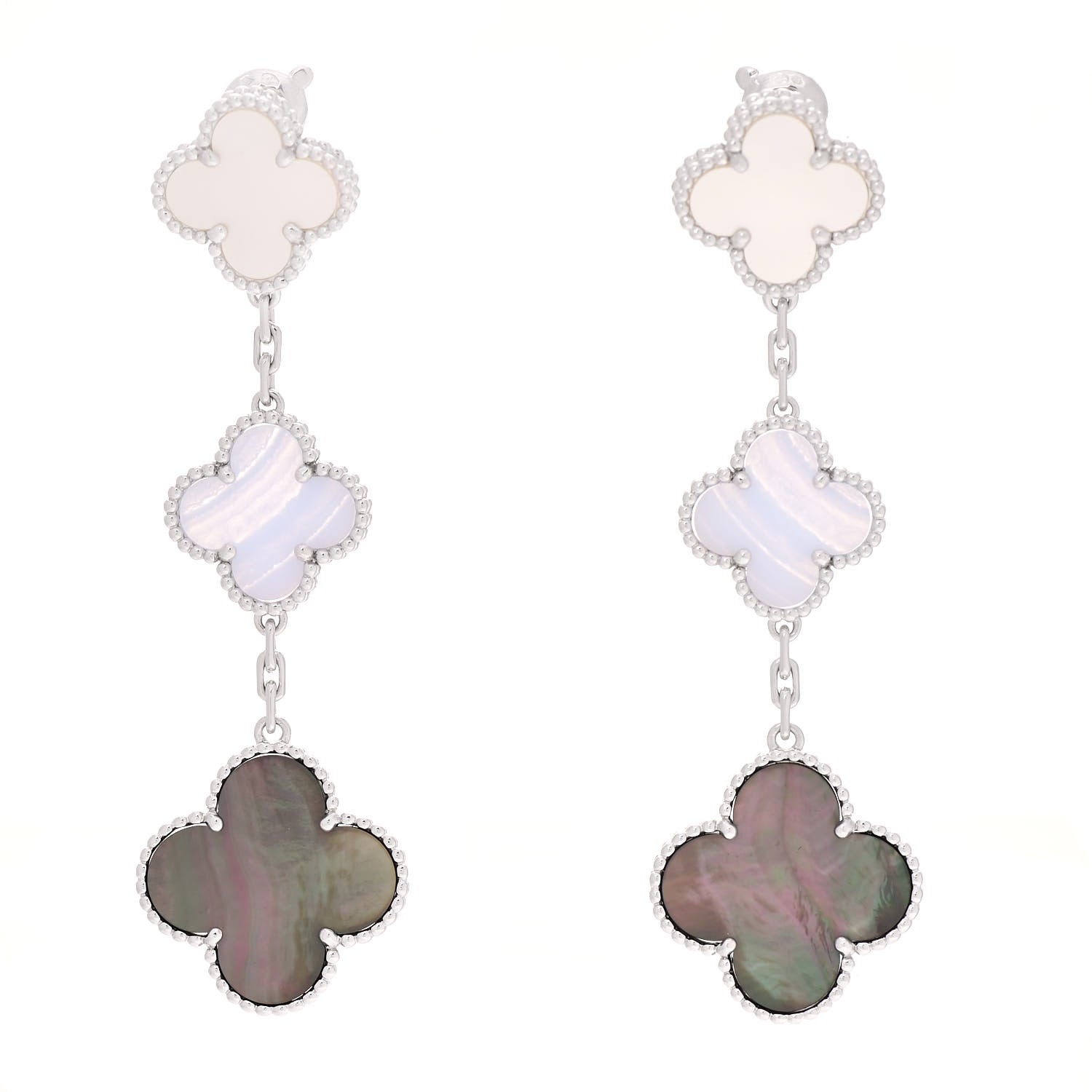 Van Cleef & Arpels 18K White Gold Mother of Pearl Chalcedony 3 Motifs Magic Alhambra Earrings 1 of 5
