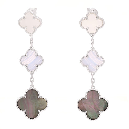 Van Cleef & Arpels 18K White Gold Mother of Pearl Chalcedony 3 Motifs Magic Alhambra Earrings 1 of 5