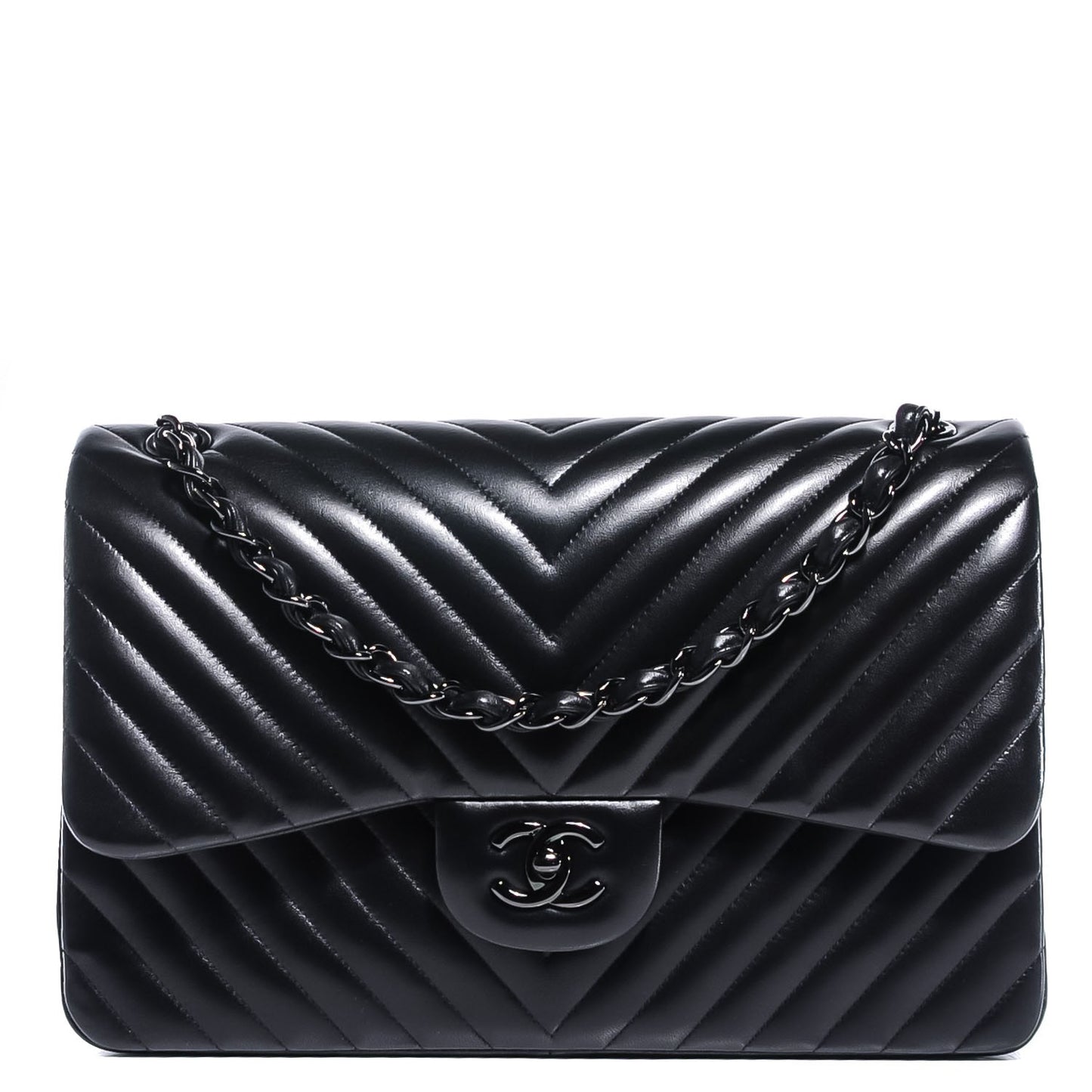 Lambskin Chevron Quilted Jumbo Double Flap So Black