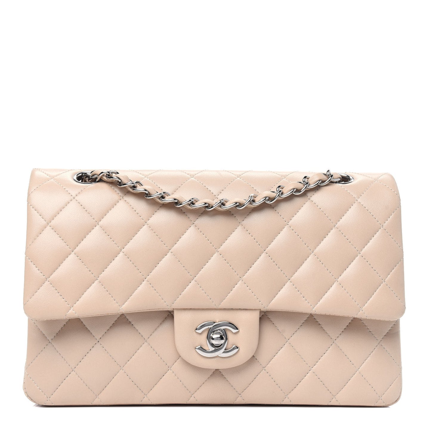 Lambskin Quilted Medium Double Flap Beige