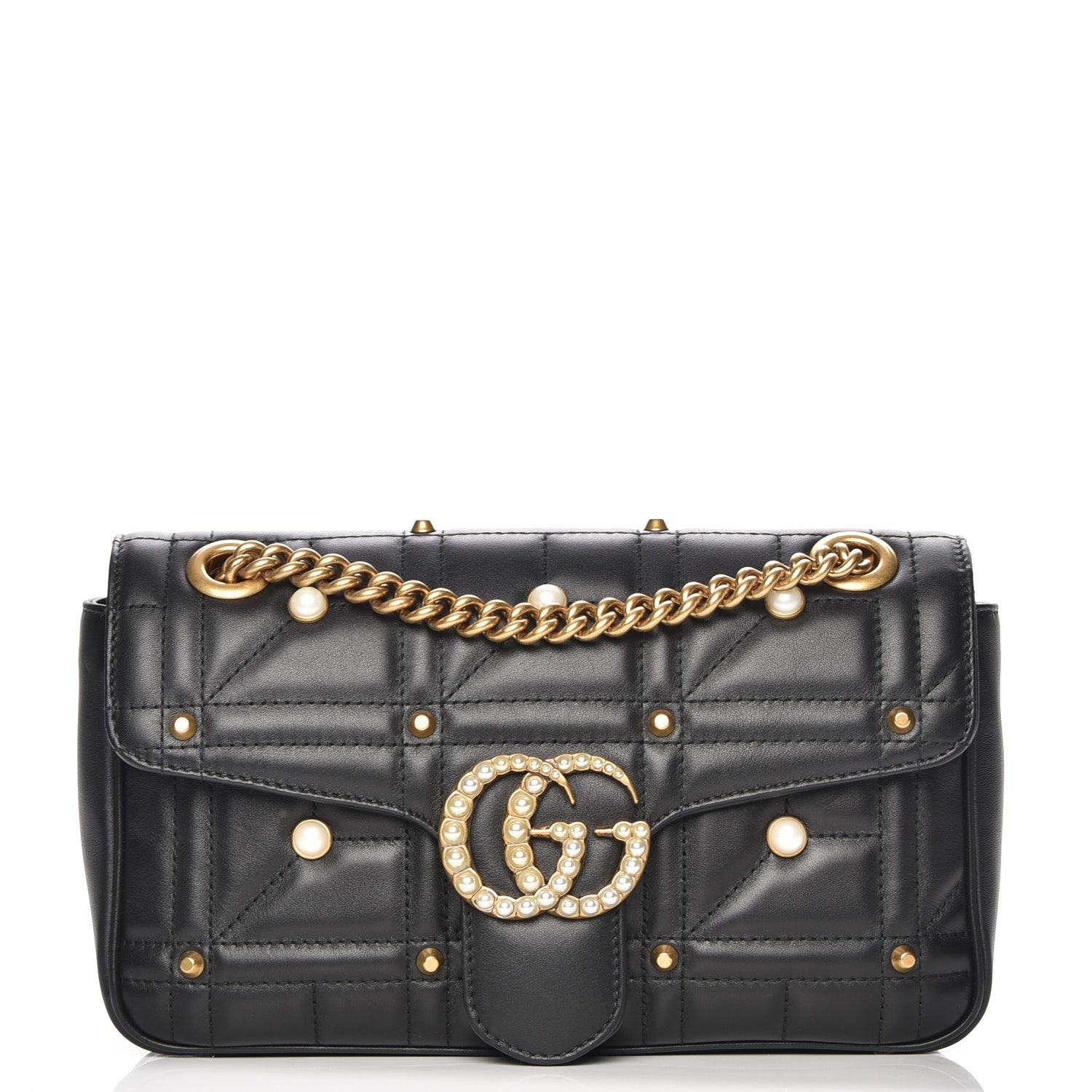 Gucci Calfskin Matelasse Studded Small Pearly GG Marmont Shoulder Bag Black 1 of 7