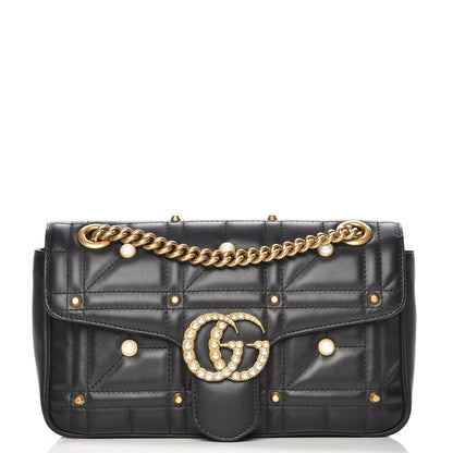 Gucci Calfskin Matelasse Studded Small Pearly GG Marmont Shoulder Bag Black 1 of 7