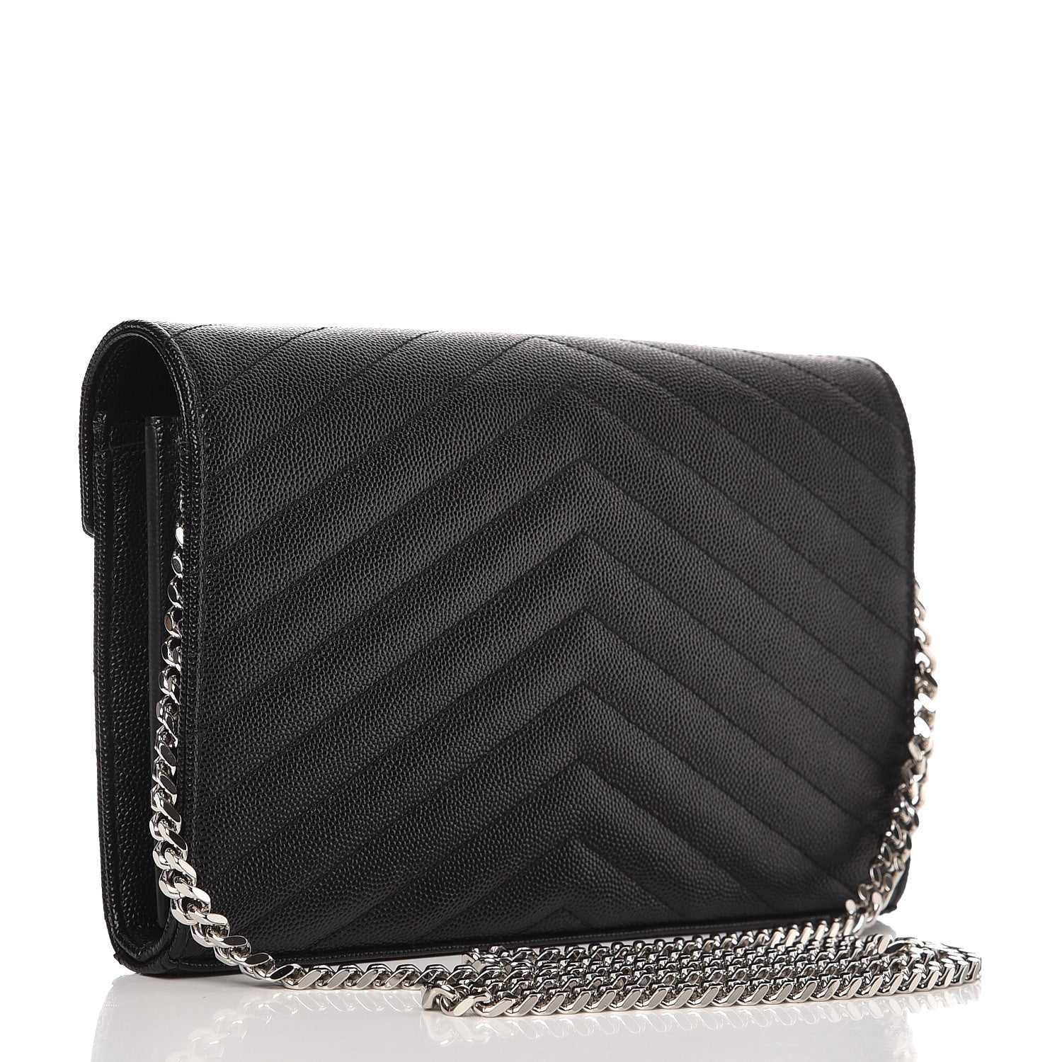 Saint Laurent Grain De Poudre Matelasse Chevron Monogram Chain Wallet Black 3 of 7
