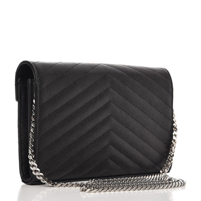 Saint Laurent Grain De Poudre Matelasse Chevron Monogram Chain Wallet Black 3 of 7