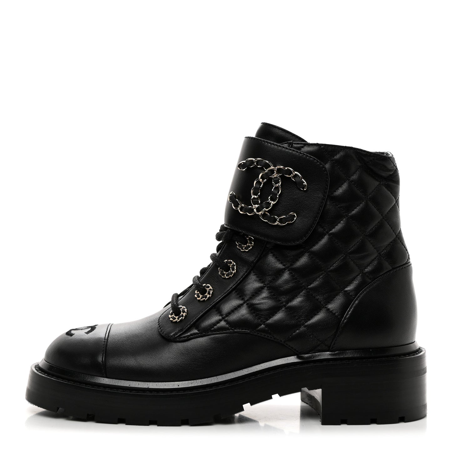 Shiny Lambskin Quilted Lace Up Combat Boots 38 Black