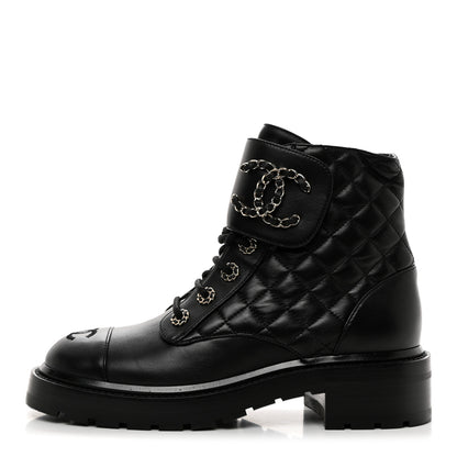 Chanel Shiny Lambskin Quilted Lace Up Combat Boots 38 Black 1 of 9