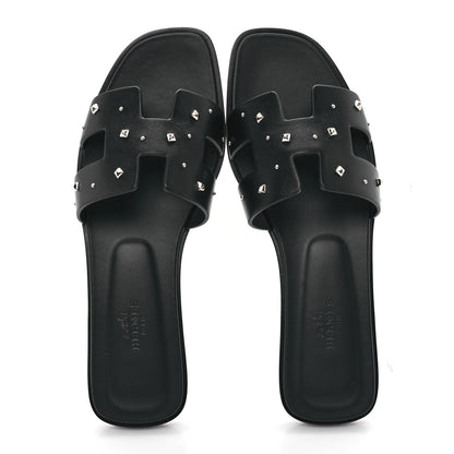 Hermes Calfskin Studded Oran Sandals 37.5 Black 2 of 10