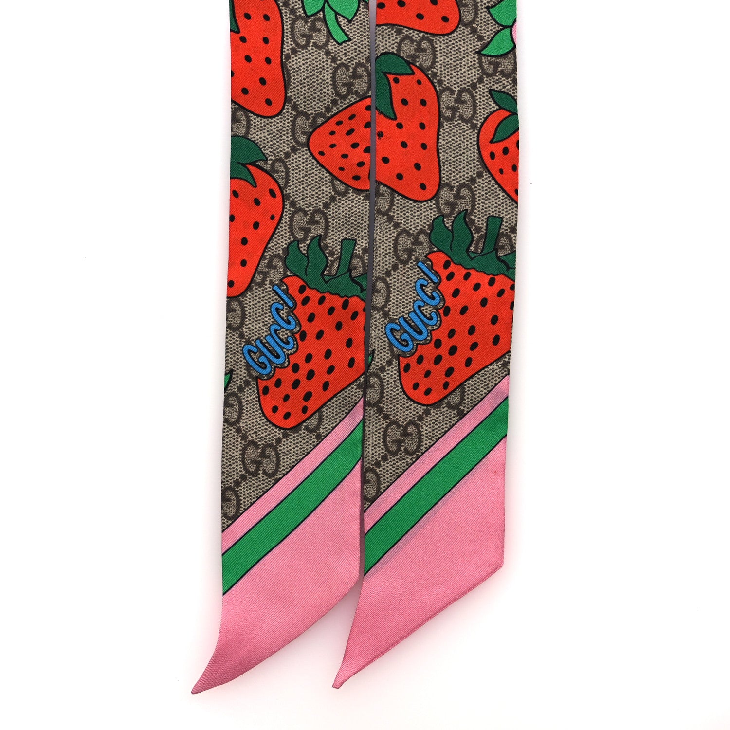 Gucci Silk Twill GG Monogram Strawberry Neck Bow Scarf Pink 2 of 3