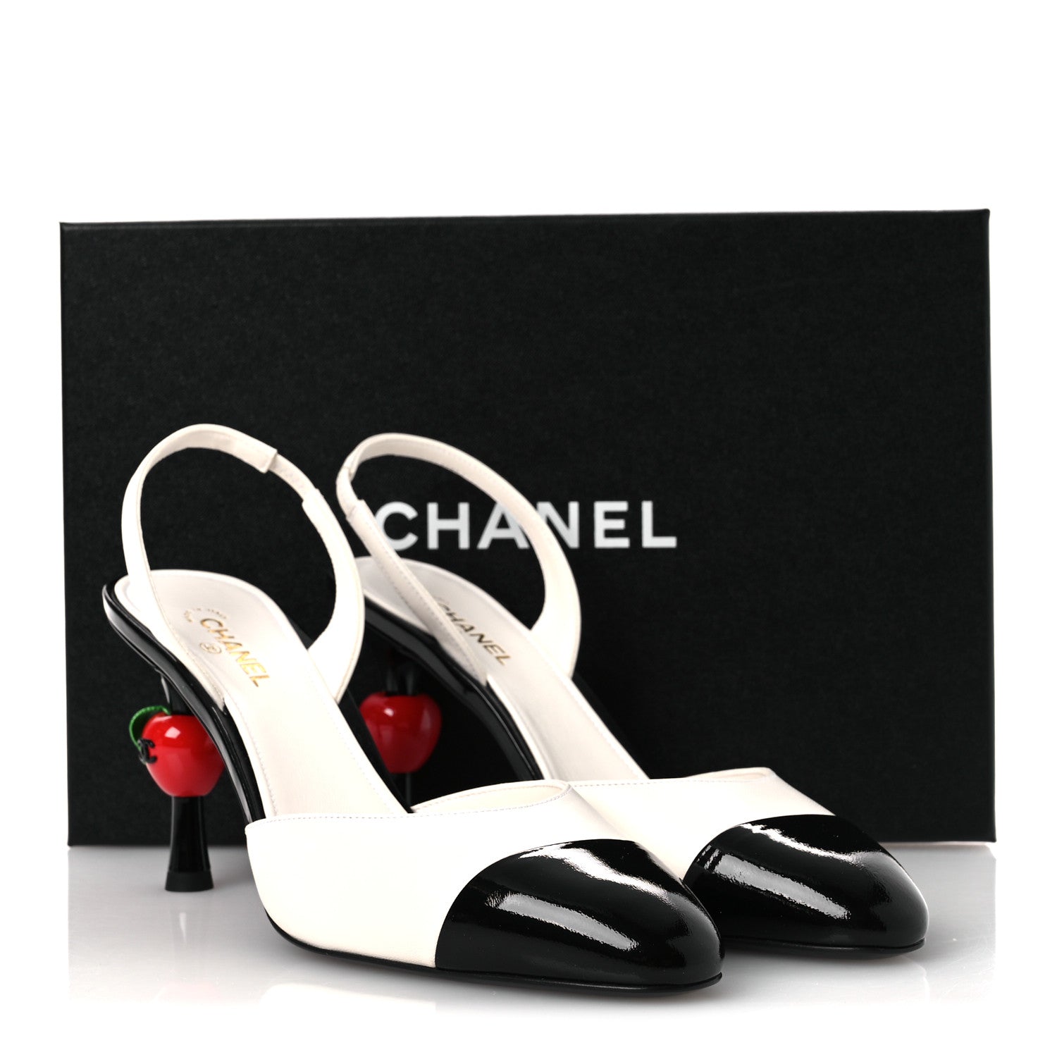 Chanel Lambskin Patent Calfskin Cap Toe CC Apple Slingback Pumps 40 White Black 11 of 11