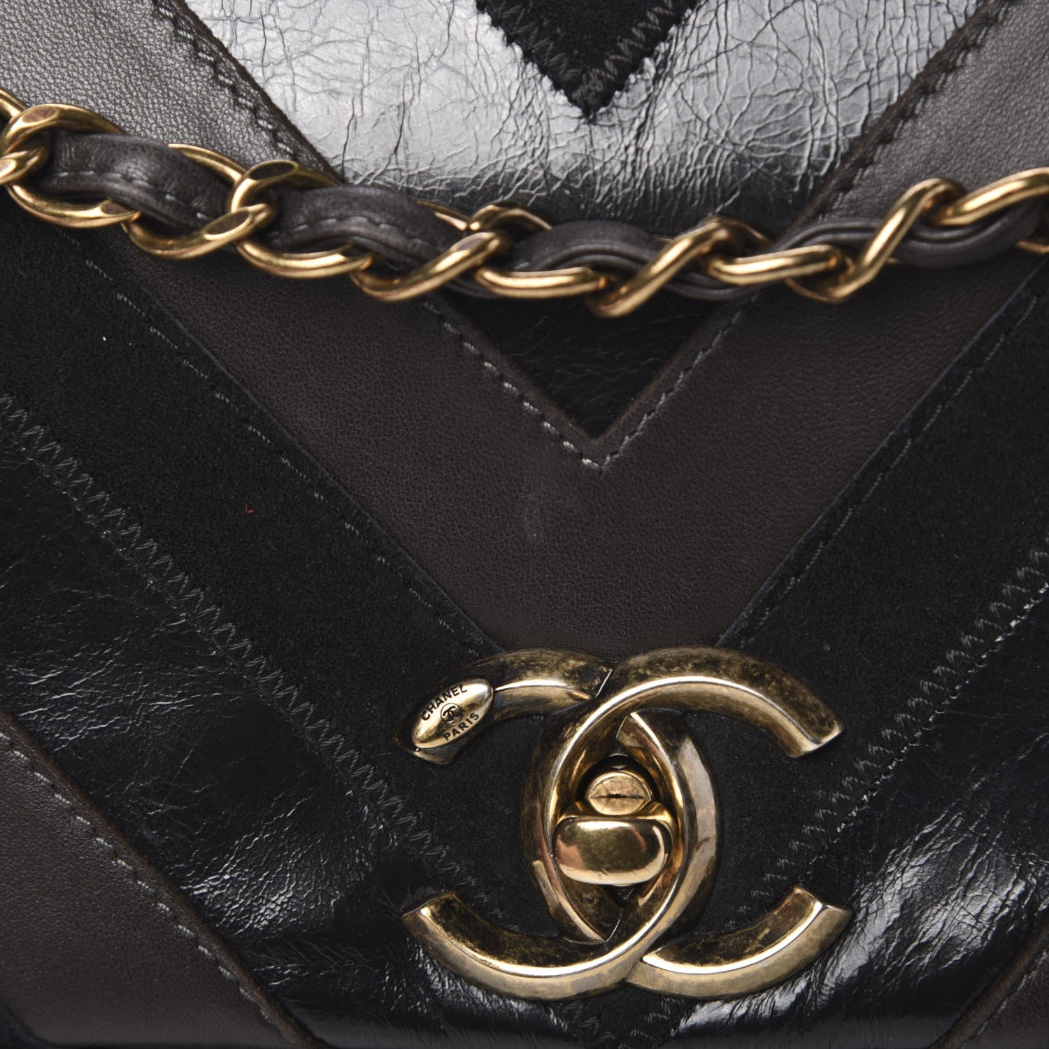 Chanel Suede Lambskin Glazed Calfskin Lady Vintage Chevron Flap Black Brown 14 of 16