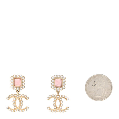 Chanel Metal Square Crystal Pearl CC Drop Earrings Pink Gold 2 of 5