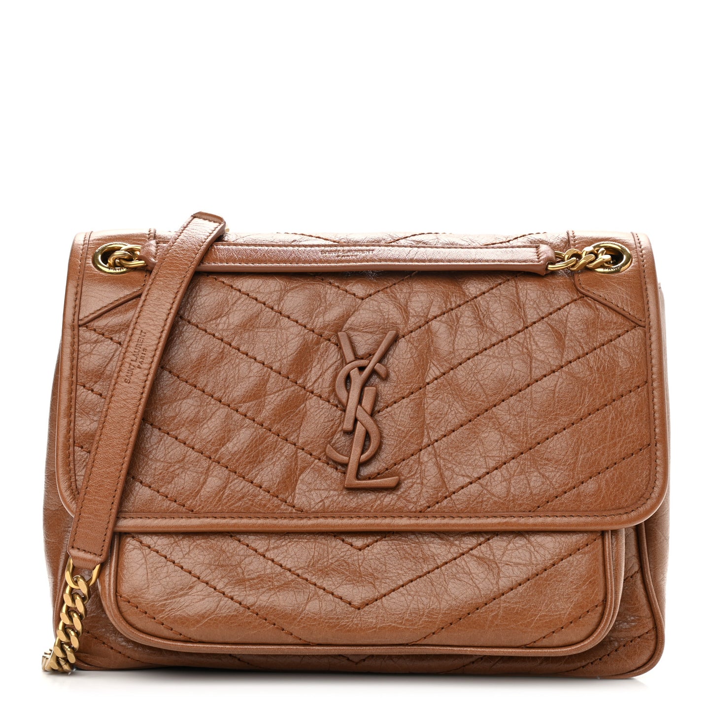 Crinkled Calfskin Matelasse Monogram Medium Niki Chain Satchel Caramel