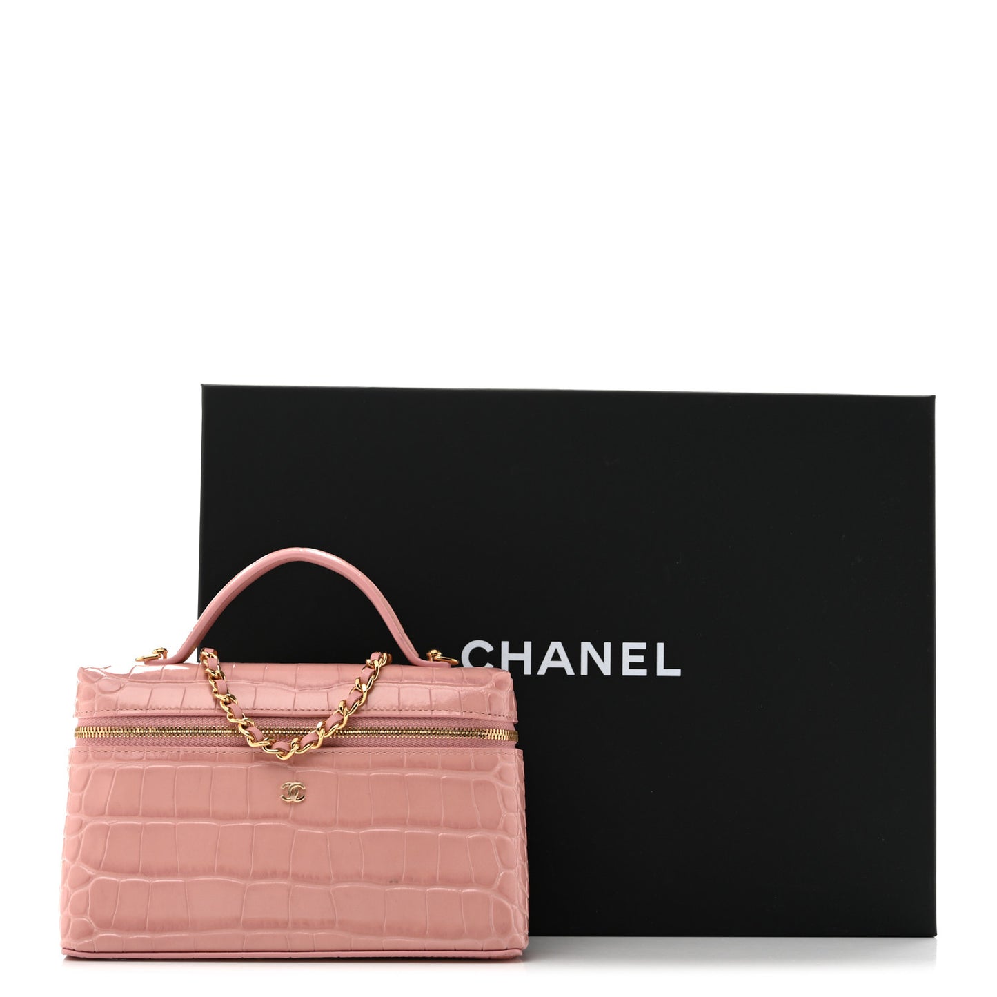 Calfskin Crocodile Embossed Crococo Top Handle Slim Vanity Case With Chain Pink