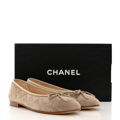 Chanel Suede Calfskin Quilted Cap Toe CC Ballerina Flats 37.5 Dark Beige 9 of 9